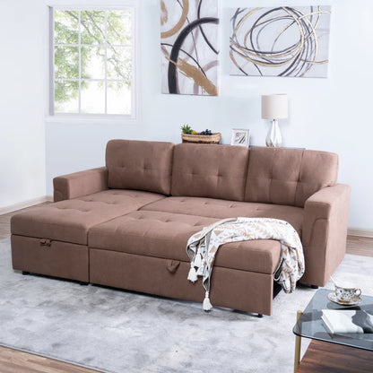 L-Shape Sectional Sofa: Reversible Sleeper Sofa with Hidden Storage & Pull-Out(Mocha Velvet)
