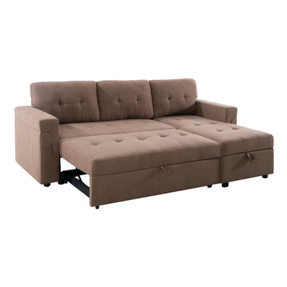 L-Shape Sectional Sofa: Reversible Sleeper Sofa with Hidden Storage & Pull-Out(Mocha Velvet)