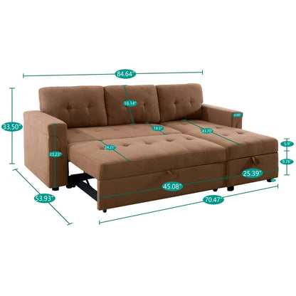 L-Shape Sectional Sofa: Reversible Sleeper Sofa with Hidden Storage & Pull-Out(Mocha Velvet)