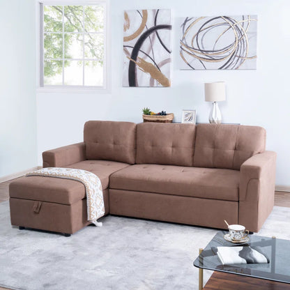L-Shape Sectional Sofa: Reversible Sleeper Sofa with Hidden Storage & Pull-Out(Mocha Velvet)