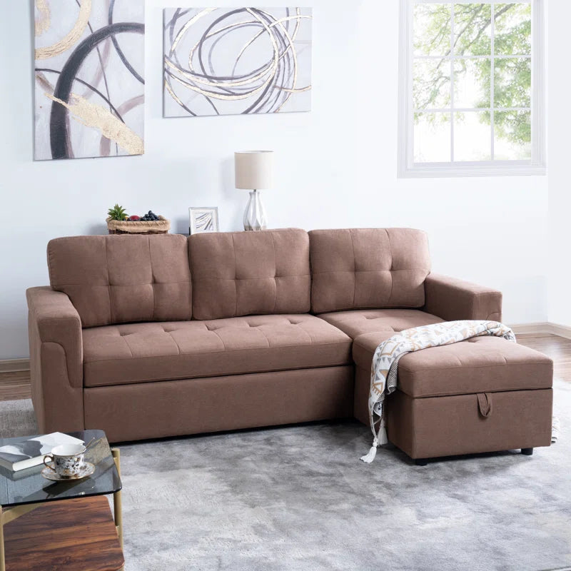 L-Shape Sectional Sofa: Reversible Sleeper Sofa with Hidden Storage & Pull-Out(Mocha Velvet)