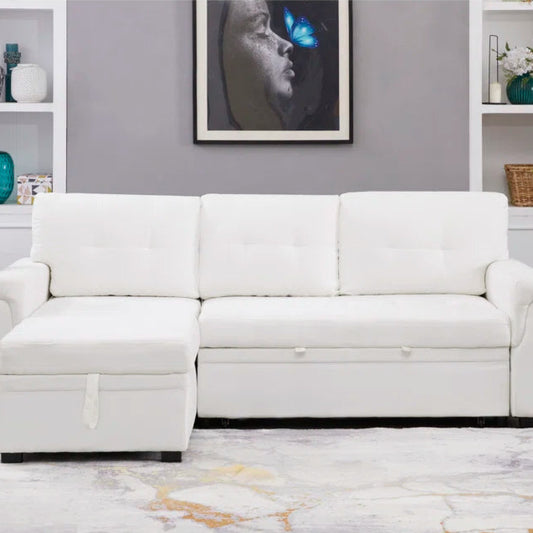 L-Shape Sectional Sofa: Reversible Sleeper Sofa with Hidden Storage & Pull-Out(White Velvet)