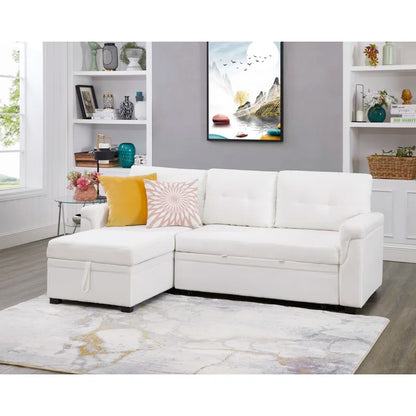 L-Shape Sectional Sofa: Reversible Sleeper Sofa with Hidden Storage & Pull-Out(White Velvet)
