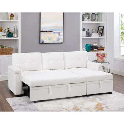 L-Shape Sectional Sofa: Reversible Sleeper Sofa with Hidden Storage & Pull-Out(White Velvet)