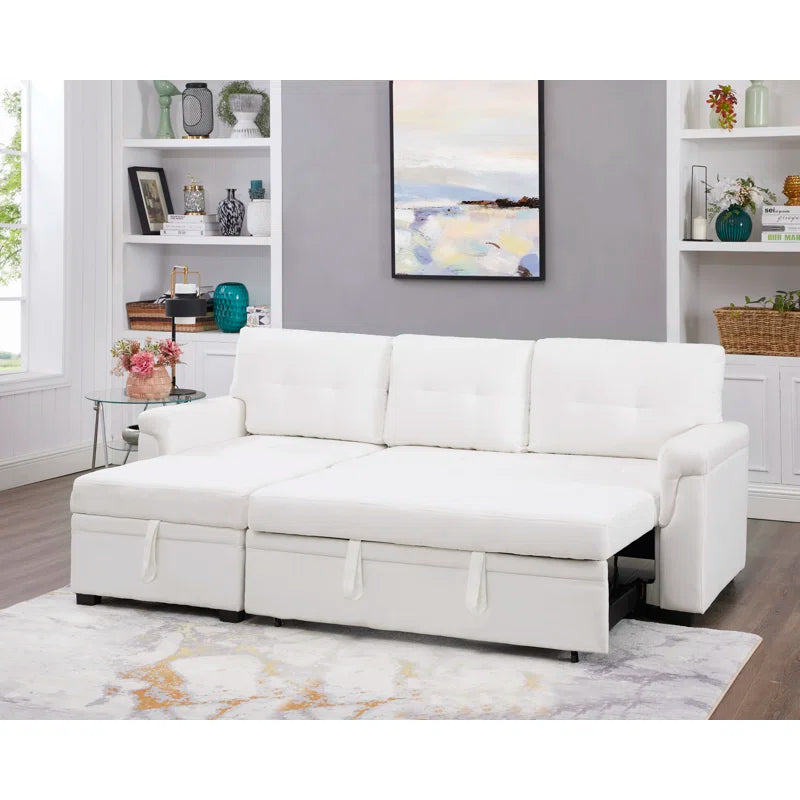 L-Shape Sectional Sofa: Reversible Sleeper Sofa with Hidden Storage & Pull-Out(White Velvet)