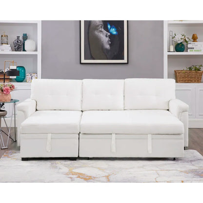 L-Shape Sectional Sofa: Reversible Sleeper Sofa with Hidden Storage & Pull-Out(White Velvet)