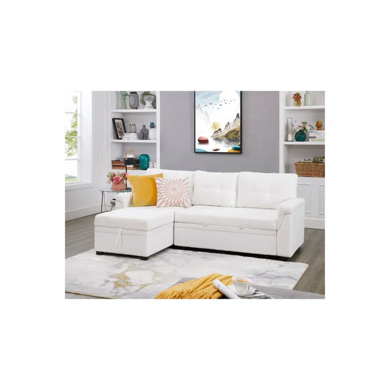 L-Shape Sectional Sofa: Reversible Sleeper Sofa with Hidden Storage & Pull-Out(White Velvet)