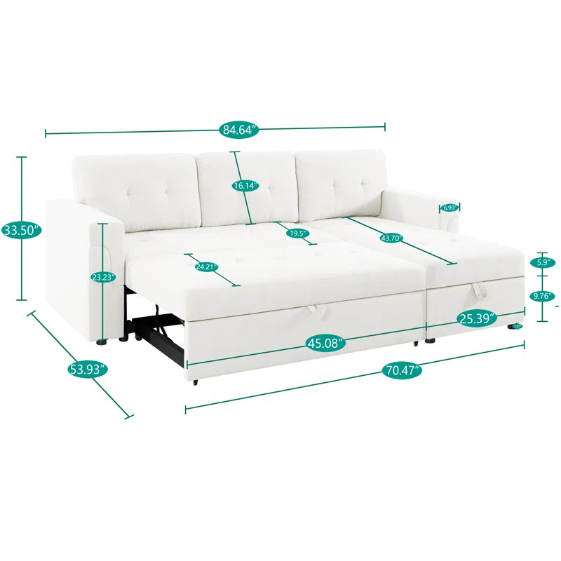 L-Shape Sectional Sofa: Reversible Sleeper Sofa with Hidden Storage & Pull-Out(White Velvet)
