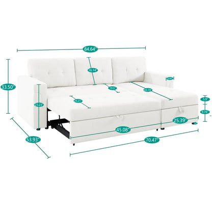 L-Shape Sectional Sofa: Reversible Sleeper Sofa with Hidden Storage & Pull-Out(White Velvet)