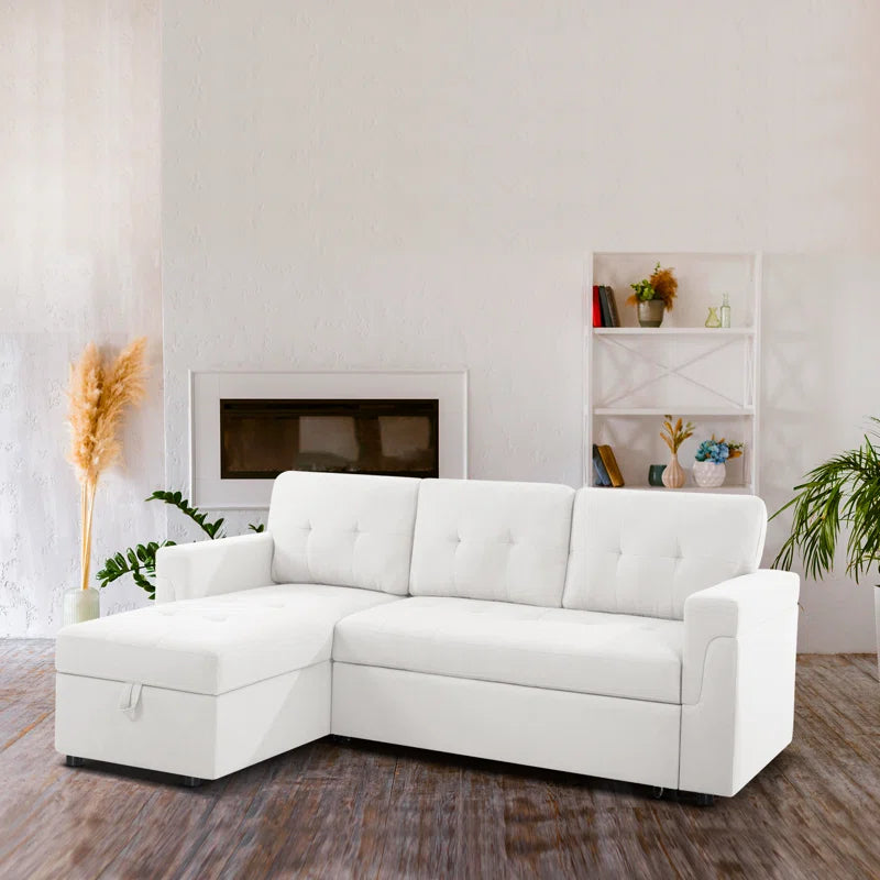 L-Shape Sectional Sofa: Reversible Sleeper Sofa with Hidden Storage & Pull-Out(White Velvet)
