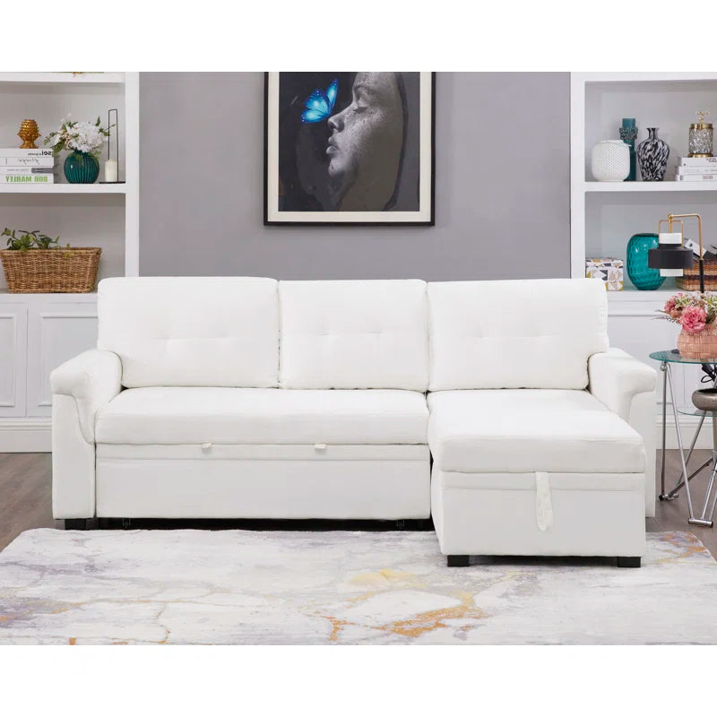 L-Shape Sectional Sofa: Reversible Sleeper Sofa with Hidden Storage & Pull-Out(White Velvet)