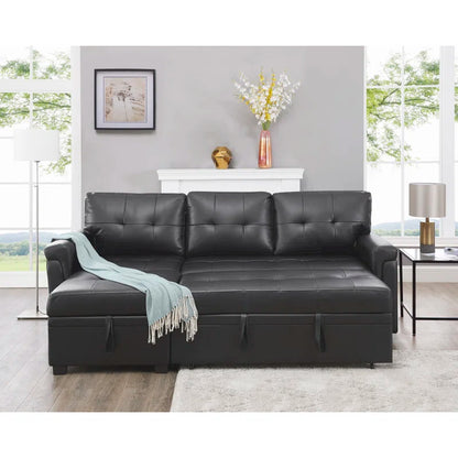 L-Shape Sectional Sofa: Sectional Sofa Sleeper with Storage Chaise(Black Air Leather)