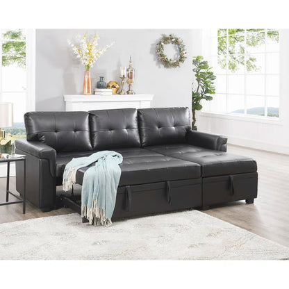 L-Shape Sectional Sofa: Sectional Sofa Sleeper with Storage Chaise(Black Air Leather)