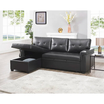 L-Shape Sectional Sofa: Sectional Sofa Sleeper with Storage Chaise(Black Air Leather)