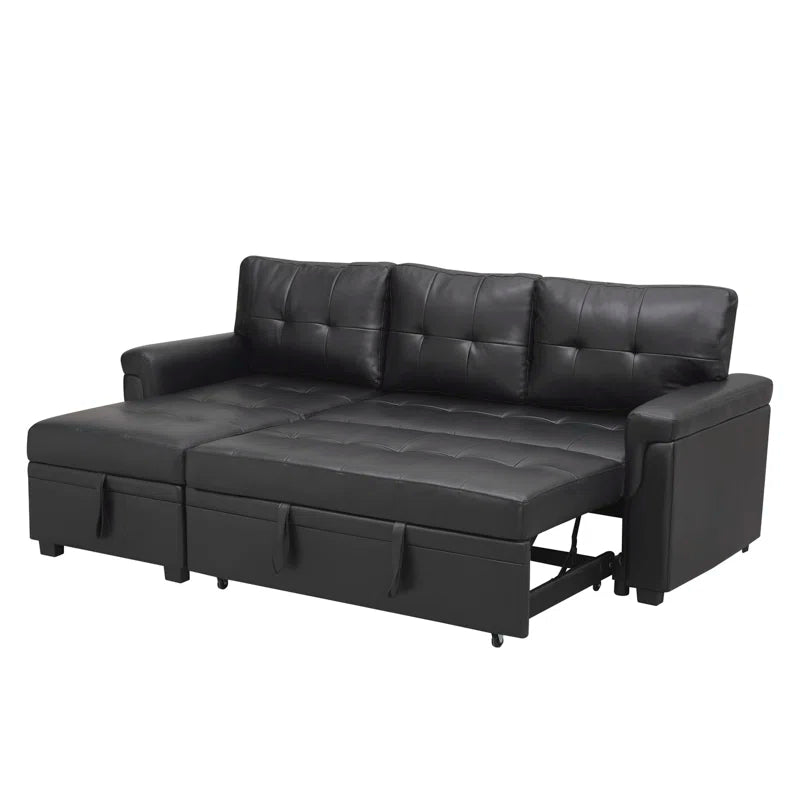 L-Shape Sectional Sofa: Sectional Sofa Sleeper with Storage Chaise(Black Air Leather)
