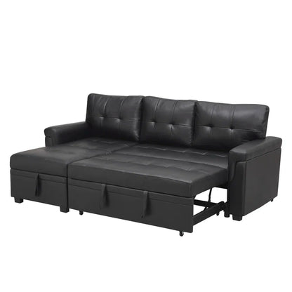 L-Shape Sectional Sofa: Sectional Sofa Sleeper with Storage Chaise(Black Air Leather)