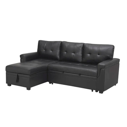 L-Shape Sectional Sofa: Sectional Sofa Sleeper with Storage Chaise(Black Air Leather)