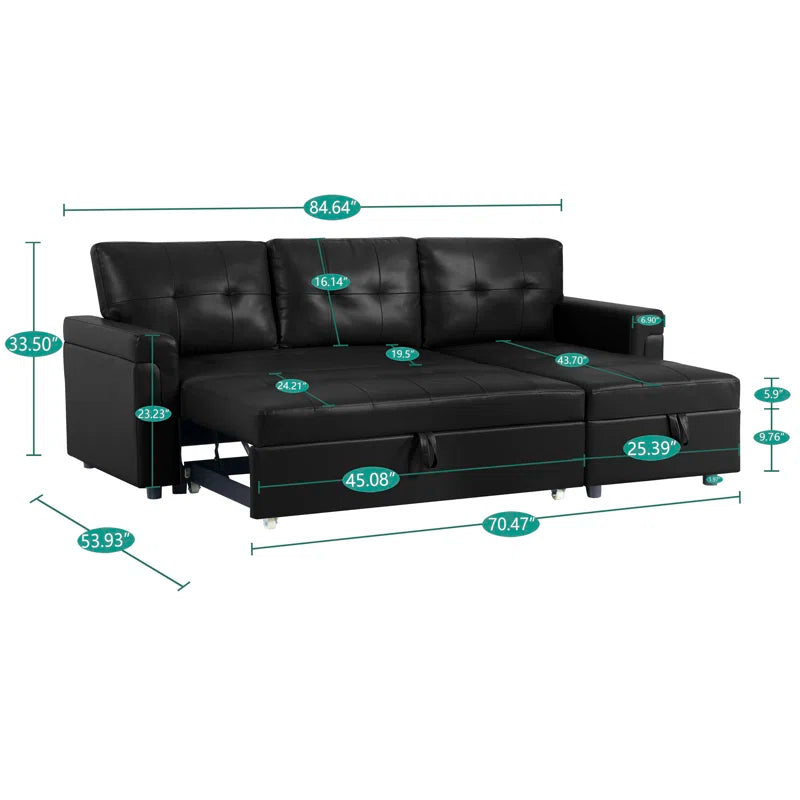 L-Shape Sectional Sofa: Sectional Sofa Sleeper with Storage Chaise(Black Air Leather)