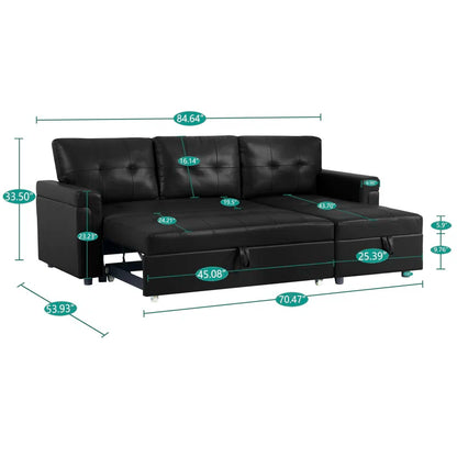 L-Shape Sectional Sofa: Sectional Sofa Sleeper with Storage Chaise(Black Air Leather)