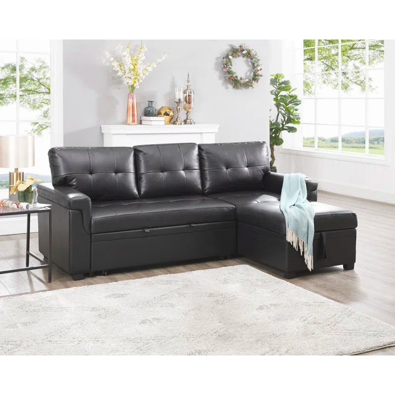 L-Shape Sectional Sofa: Sectional Sofa Sleeper with Storage Chaise(Black Air Leather)