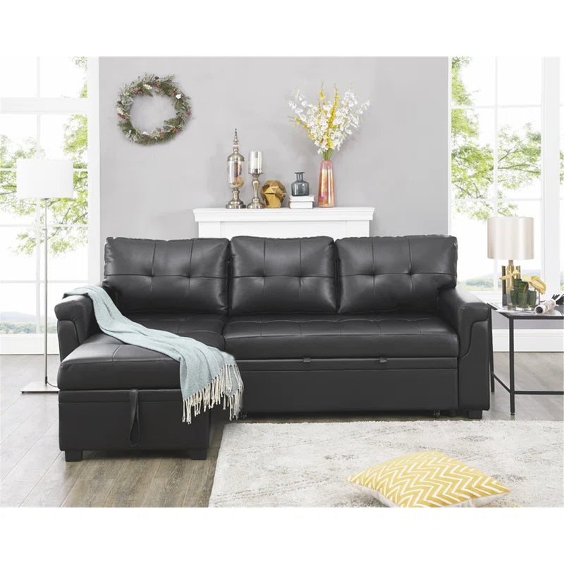 L-Shape Sectional Sofa: Sectional Sofa Sleeper with Storage Chaise(Black Air Leather)