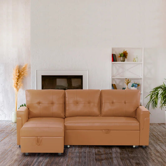 L-Shape Sectional Sofa: Sectional Sofa Sleeper with Storage Chaise(Caramel Air Leather)