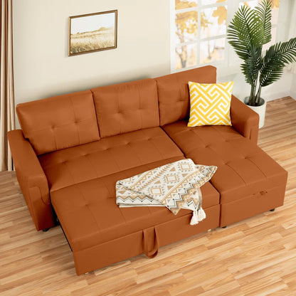 L-Shape Sectional Sofa: Sectional Sofa Sleeper with Storage Chaise(Caramel Air Leather)
