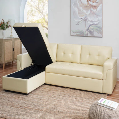 L-Shape Sectional Sofa: Sectional Sofa Sleeper with Storage Chaise(Cream Air Leather)