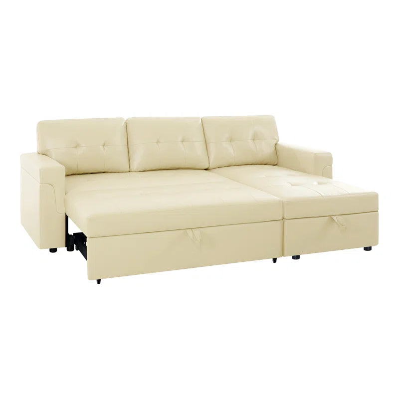 L-Shape Sectional Sofa: Sectional Sofa Sleeper with Storage Chaise(Cream Air Leather)