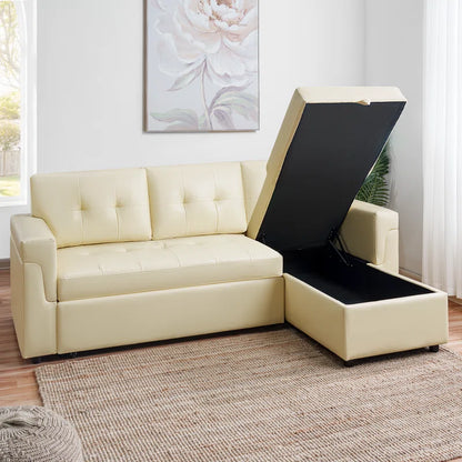 L-Shape Sectional Sofa: Sectional Sofa Sleeper with Storage Chaise(Cream Air Leather)