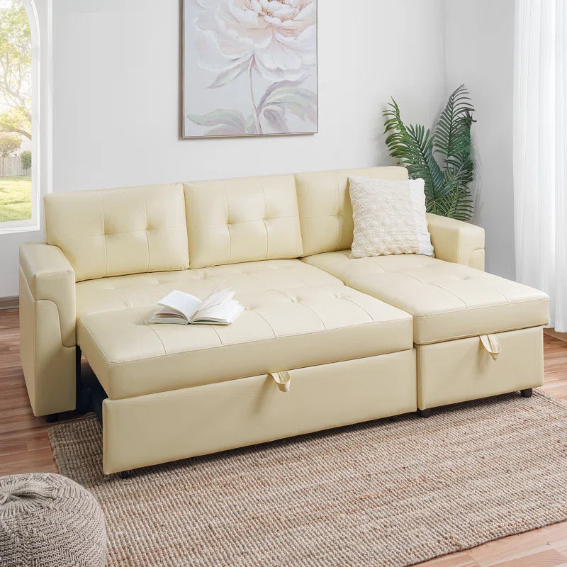 L-Shape Sectional Sofa: Sectional Sofa Sleeper with Storage Chaise(Cream Air Leather)