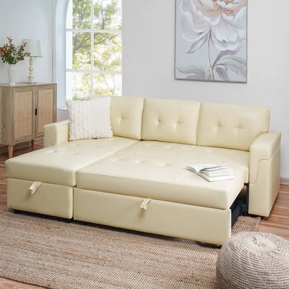 L-Shape Sectional Sofa: Sectional Sofa Sleeper with Storage Chaise(Cream Air Leather)
