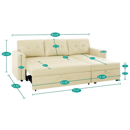 L-Shape Sectional Sofa: Sectional Sofa Sleeper with Storage Chaise(Cream Air Leather)