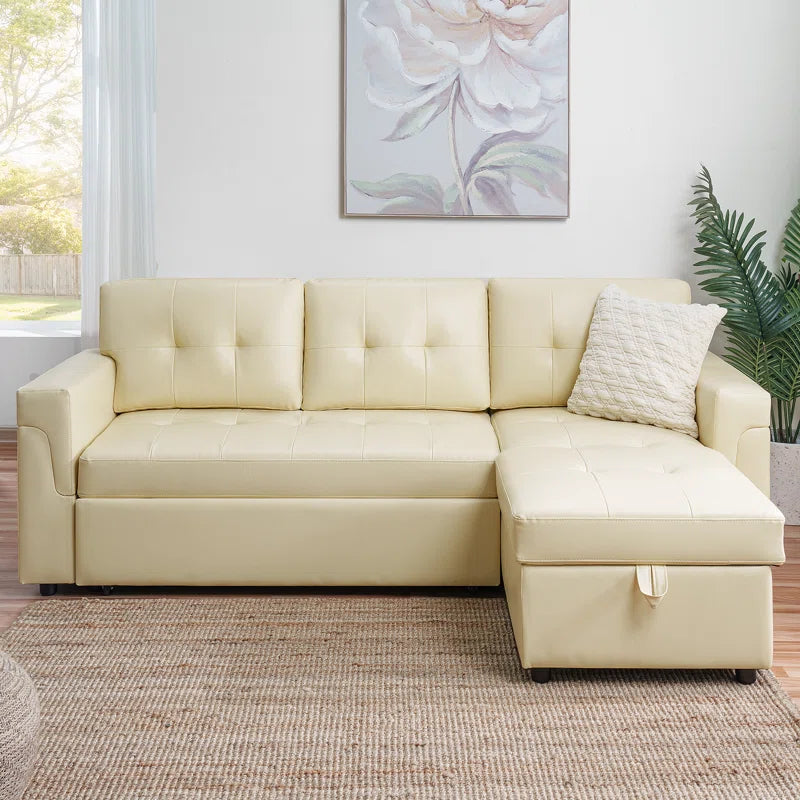 L-Shape Sectional Sofa: Sectional Sofa Sleeper with Storage Chaise(Cream Air Leather)