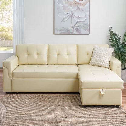 L-Shape Sectional Sofa: Sectional Sofa Sleeper with Storage Chaise(Cream Air Leather)