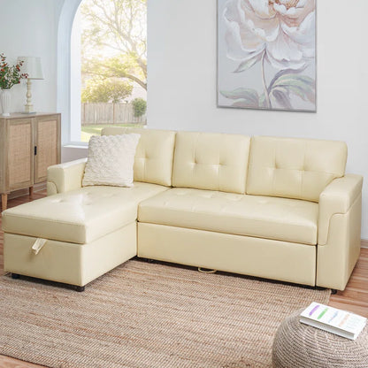 L-Shape Sectional Sofa: Sectional Sofa Sleeper with Storage Chaise(Cream Air Leather)