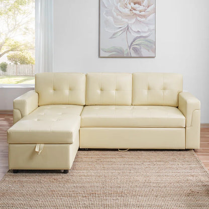 L-Shape Sectional Sofa: Sectional Sofa Sleeper with Storage Chaise(Cream Air Leather)