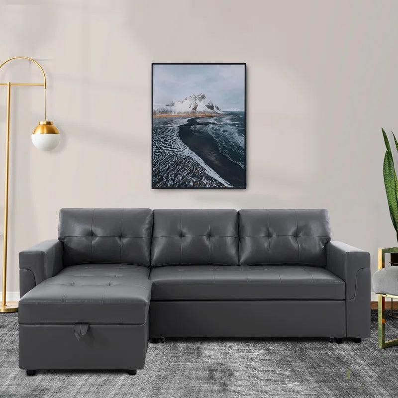 L-Shape Sectional Sofa: Sectional Sofa Sleeper with Storage Chaise(Dark Air Leather)