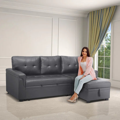 L-Shape Sectional Sofa: Sectional Sofa Sleeper with Storage Chaise(Dark Air Leather)