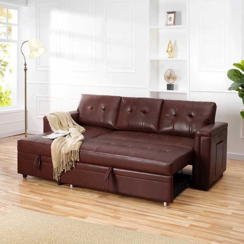 L-Shape Sectional Sofa: Sectional Sofa Sleeper with Storage Chaise(Espresso Air Leather)