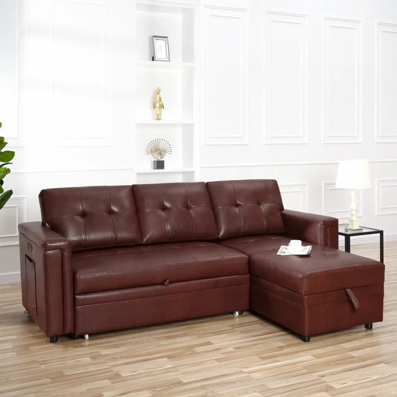 L-Shape Sectional Sofa: Sectional Sofa Sleeper with Storage Chaise(Espresso Air Leather)