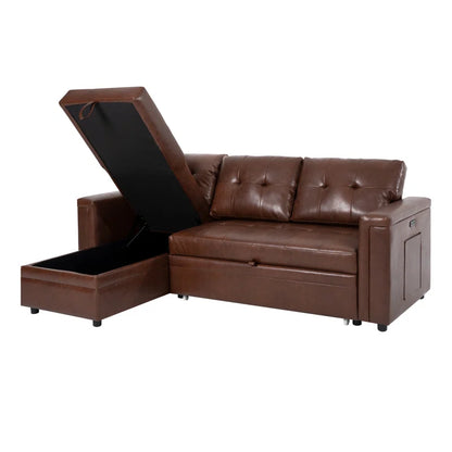 L-Shape Sectional Sofa: Sectional Sofa Sleeper with Storage Chaise(Espresso Air Leather)