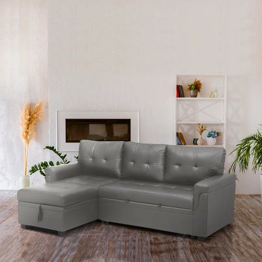 L-Shape Sectional Sofa: Sectional Sofa Sleeper with Storage Chaise(Gray Air Leather)