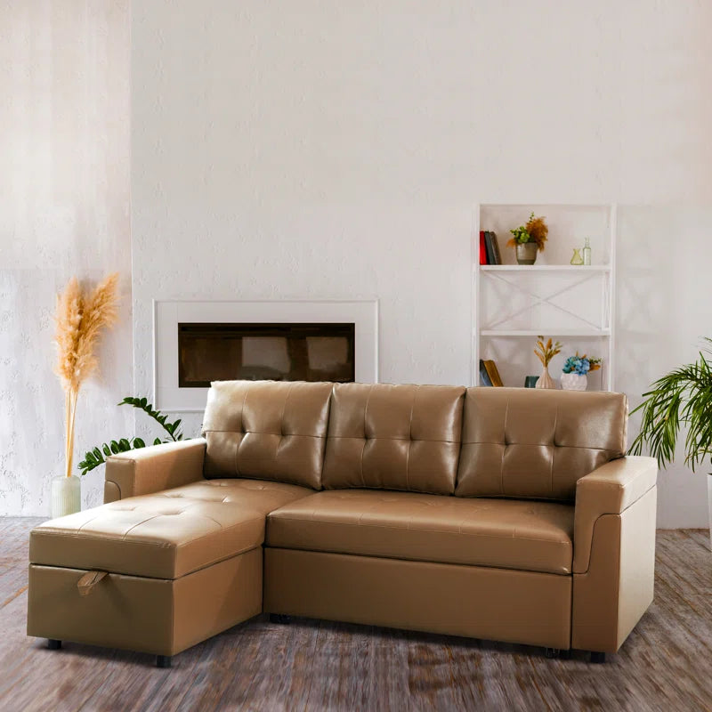 L-Shape Sectional Sofa: Sectional Sofa Sleeper with Storage Chaise(Mocha Air Leather)