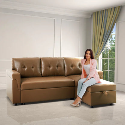 L-Shape Sectional Sofa: Sectional Sofa Sleeper with Storage Chaise(Mocha Air Leather)