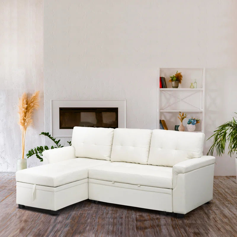 L-Shape Sectional Sofa: Sectional Sofa Sleeper with Storage Chaise(White Air Leather)