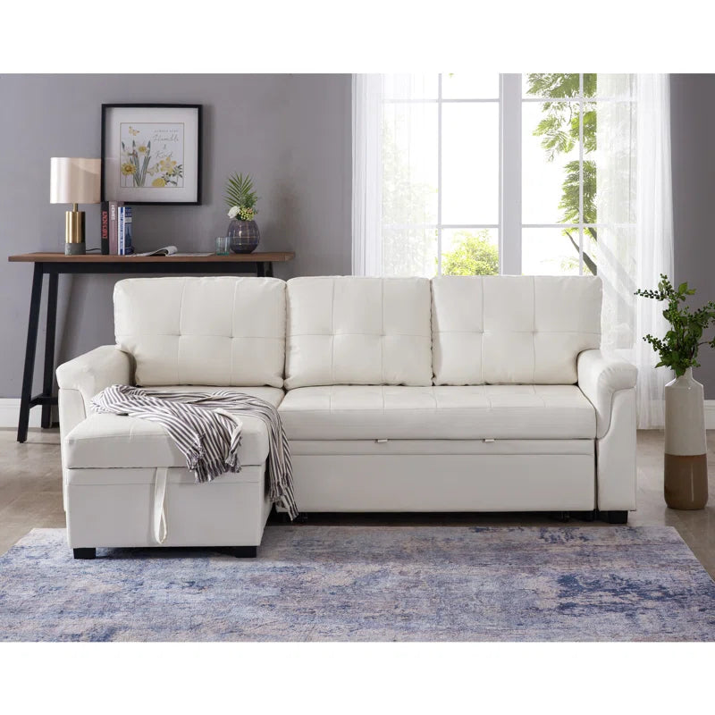 L-Shape Sectional Sofa: Sectional Sofa Sleeper with Storage Chaise(White Air Leather)