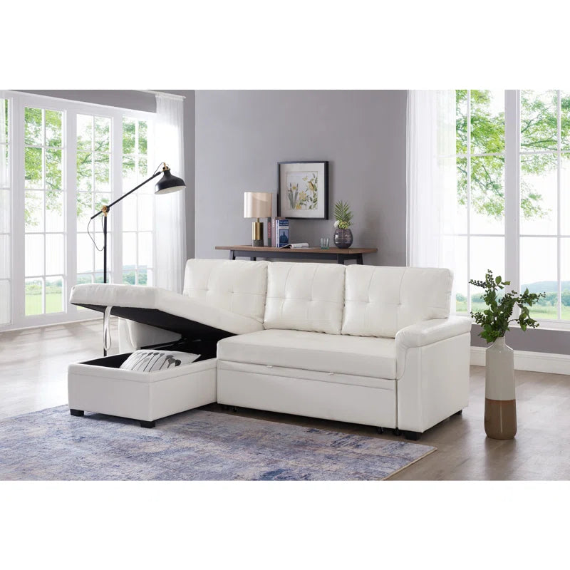 L-Shape Sectional Sofa: Sectional Sofa Sleeper with Storage Chaise(White Air Leather)
