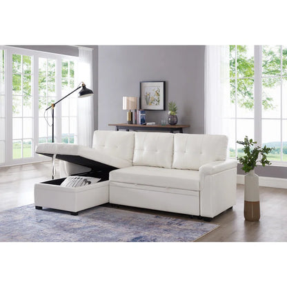 L-Shape Sectional Sofa: Sectional Sofa Sleeper with Storage Chaise(White Air Leather)