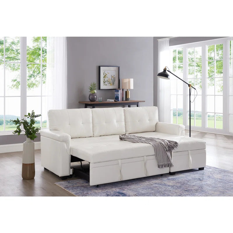 L-Shape Sectional Sofa: Sectional Sofa Sleeper with Storage Chaise(White Air Leather)